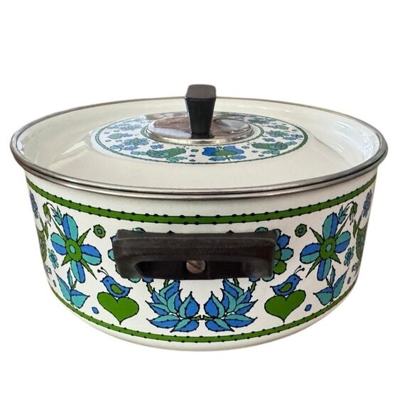 Vintage 70s Fancipans Blue And Green Bird Paisley Stock Pot With Lid Enamel Wear - Picture 2 of 8